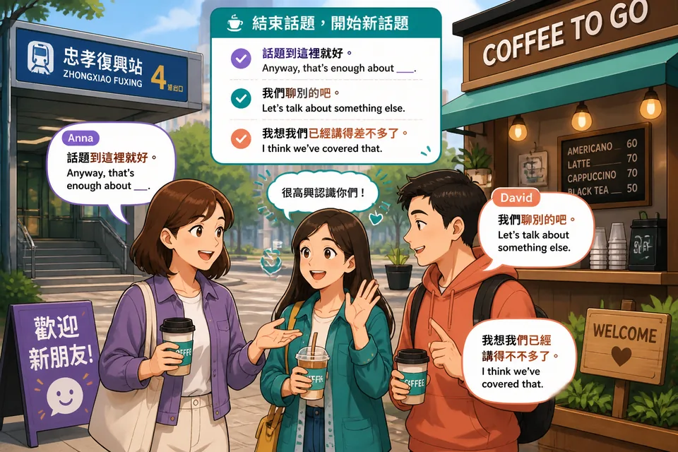 Anna and David having a relaxed Taiwan Mandarin conversation in Traditional Chinese, using polite topic-ending phrases to move the discussion along.