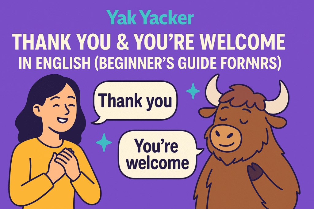 Illustrated Yak Yacker feature image with a smiling woman saying “Good luck” in a speech bubble and a friendly yak waving back, surrounded by shamrock icons and clouds on a bright purple background, with bold text reading “How to Say ‘Good Luck’ in English: All the Natural Ways to Wish Someone Well.”
