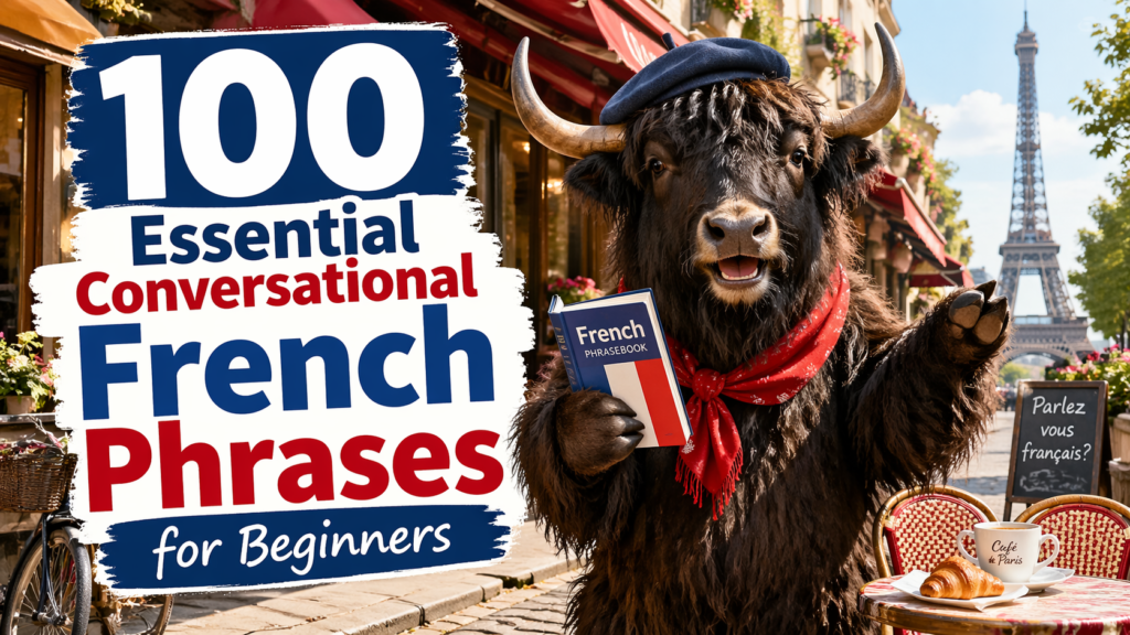 A French personified Yak pointing to a sign that says 100 essential french phrases