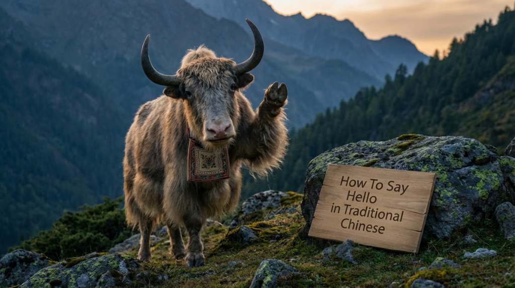 A personified yak Chinese teacher that teaches how to say hello in Traditional Chinese with Taiwan Mandarin greetings for beginners.