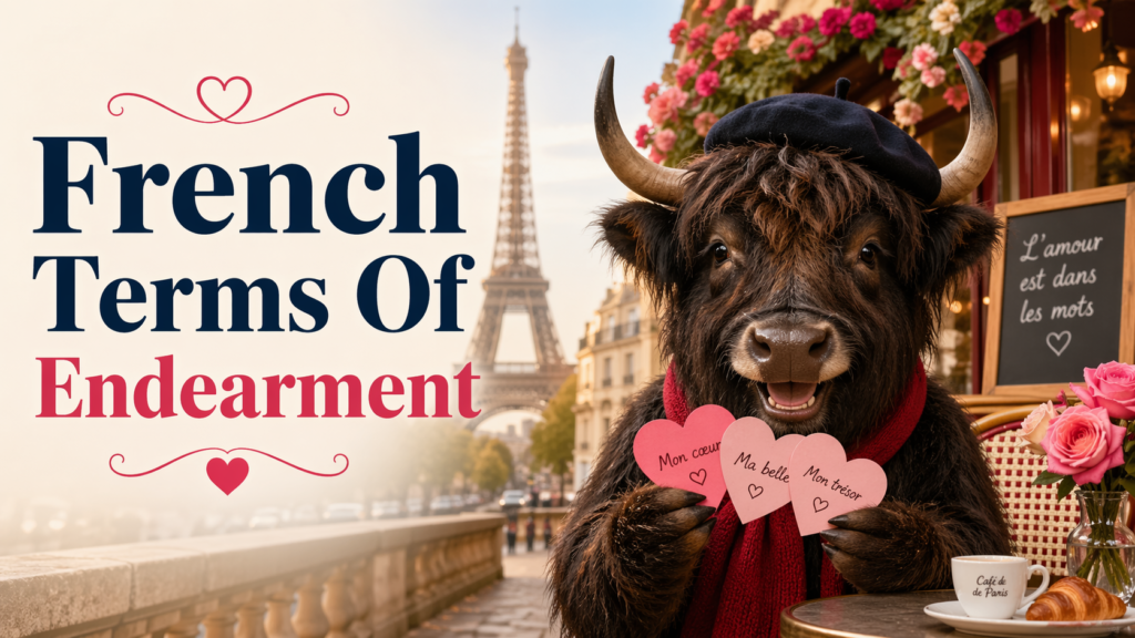 A personified yak French teacher that explains French terms of endearment with cute nicknames and real examples.