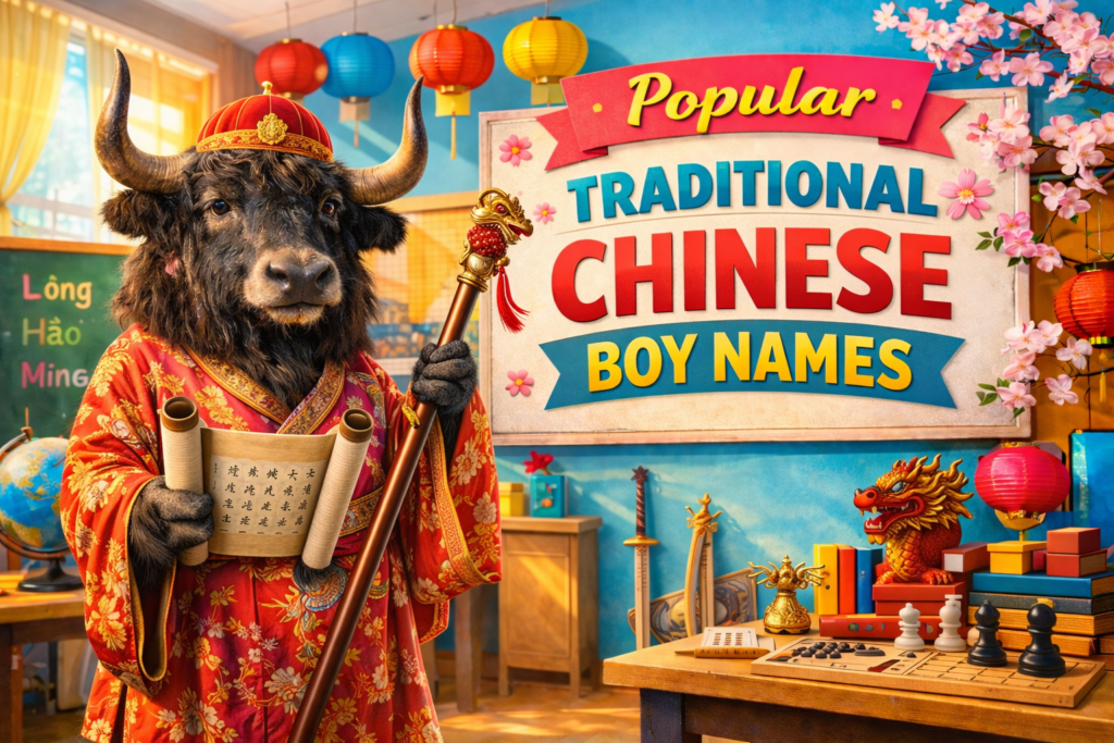 A personified yak teacher points to a sign that says Popular Traditional Chinese Boys Names