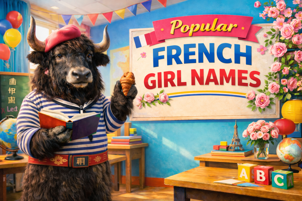 A personified yak French teacher that teaches popular French girl names with meanings, pronunciation, and examples.