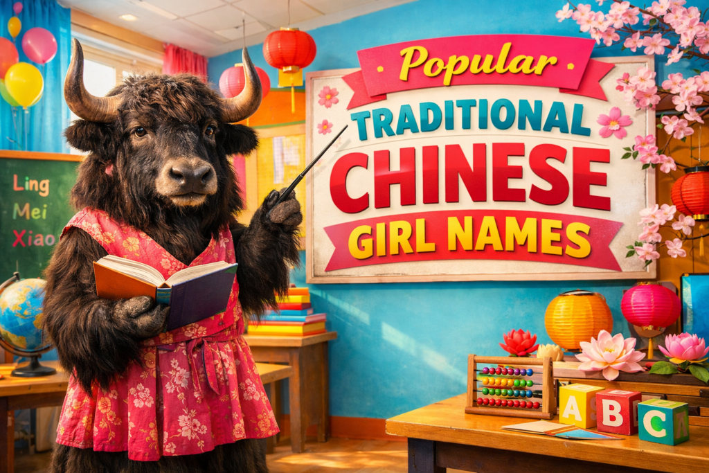 A personified yak teacher pointing to a sign that says popular traditional Chinese girl names