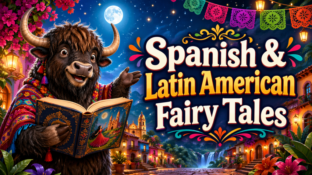 A personified yak in Spain looking at a book of Spanish fairy tales