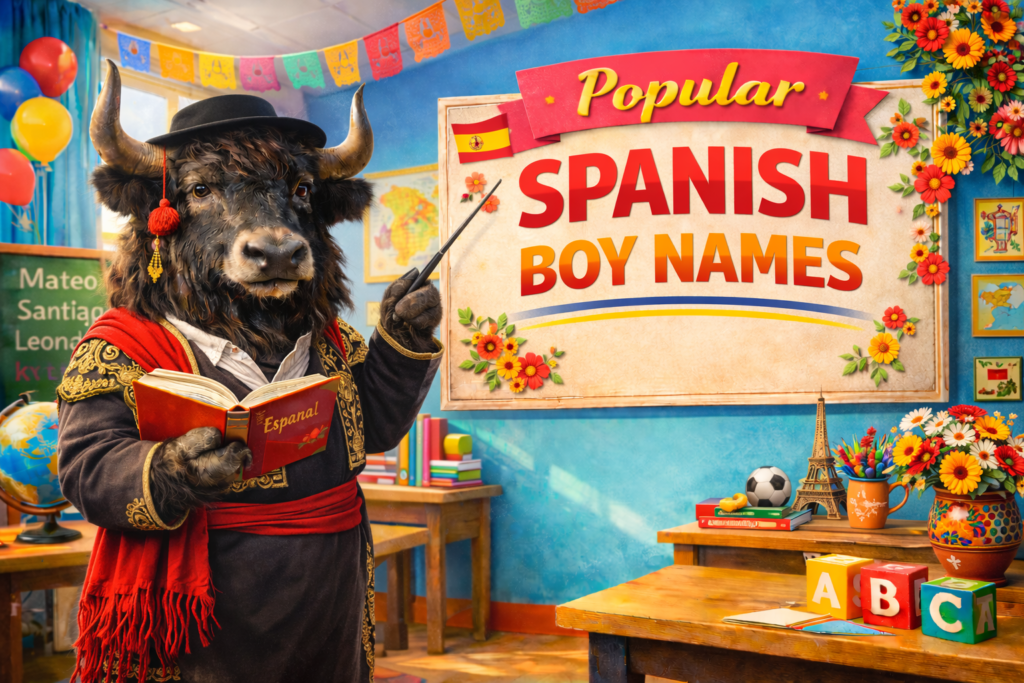 A personified yak Spanish teacher that explains Spanish boy names and meanings.