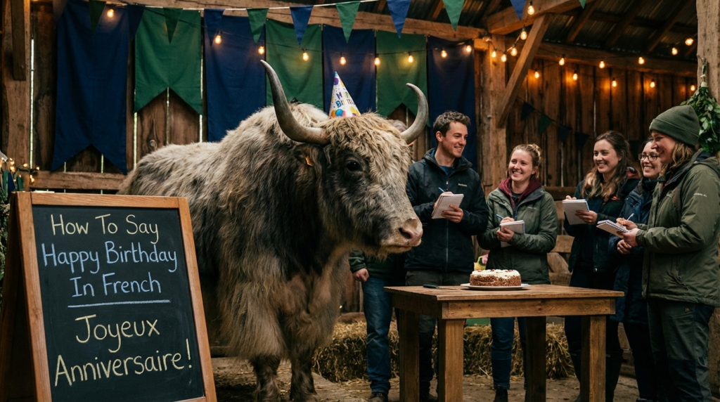 A personified yak French teacher that teaches how to say happy birthday in French with Joyeux anniversaire, card messages, and birthday phrases.