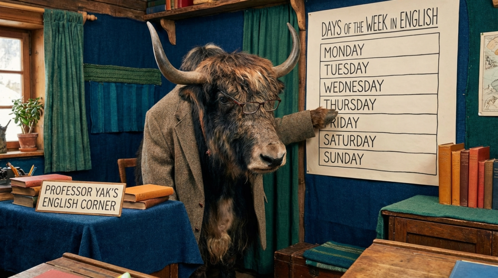 A personified yak English teacher that teaches days of the week in English, weekdays, weekend, pronunciation, and example sentences.