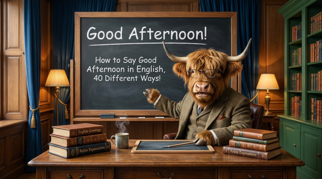 A personified yak English teacher that teaches easy ways to say good afternoon in English with natural phrases for work, friends, and texts.