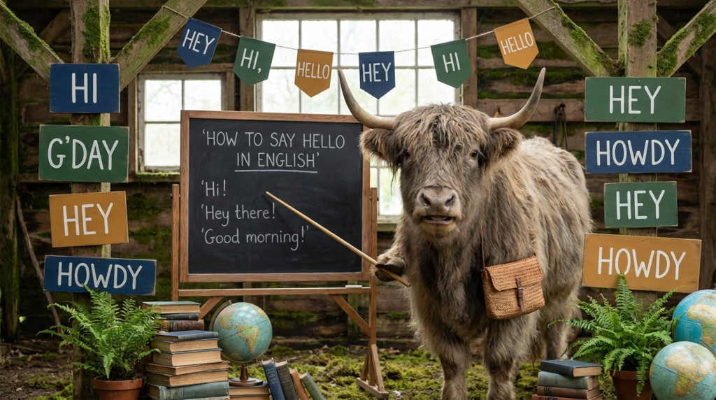 A personified yak English teacher that teaches how to say hello in English with easy greetings and real-life examples.