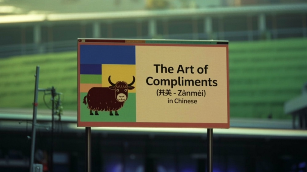 yak illustration holding “Compliments in Chinese 讚美 Zànměi” with heart icons