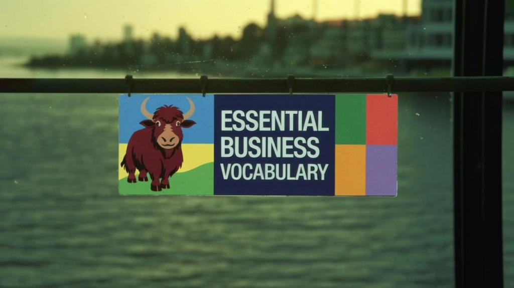 yak illustration with “Business Chinese Vocabulary” and office icons.