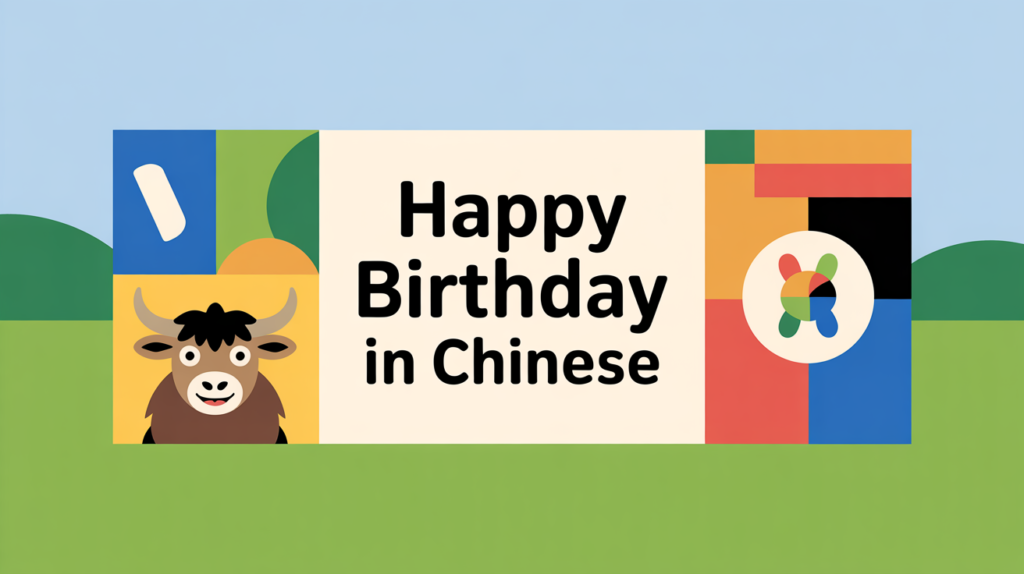 illustration of a yak beside “Happy Birthday in Chinese 生日快樂 Shēngrì kuàilè,” with birthday decorations