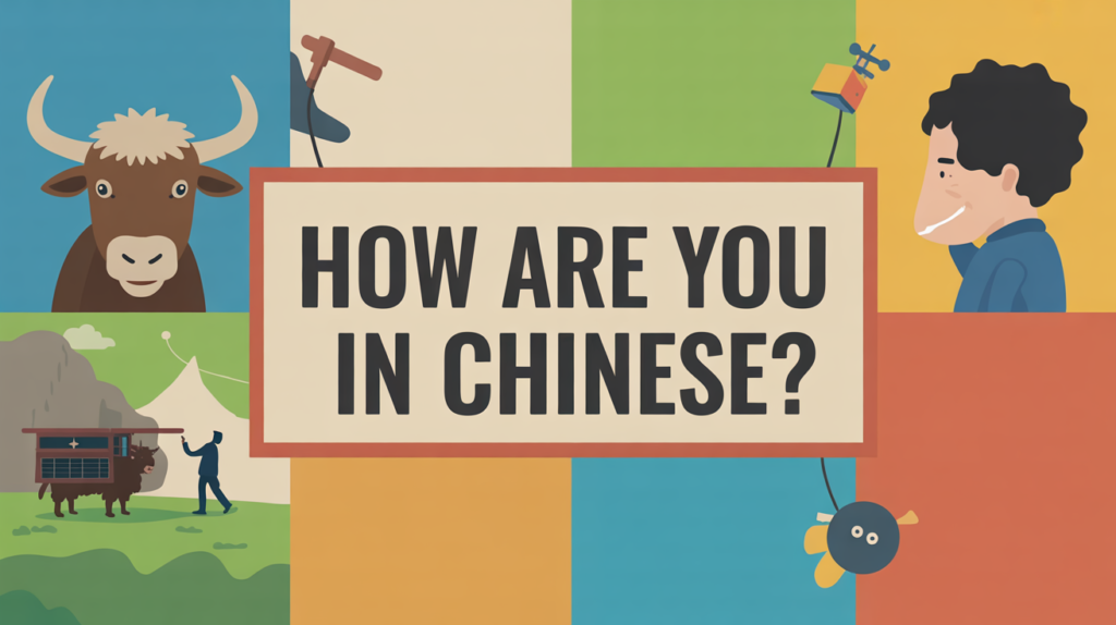yak illustration holding a “How Are You in Chinese 你好嗎 Nǐ hǎo ma?” title card with question icons