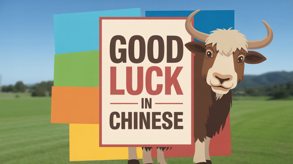 yak illustration with a “Good Luck in Chinese 祝你好運 Zhù nǐ hǎo yùn” card and lucky symbols