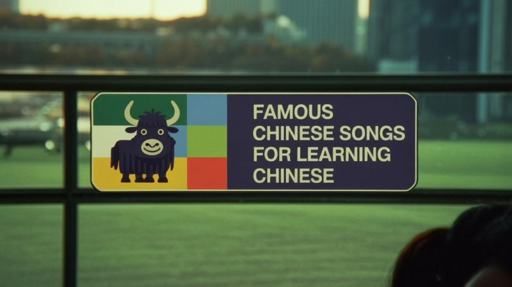 yak illustration with “Chinese Songs for Learning” and musical icons