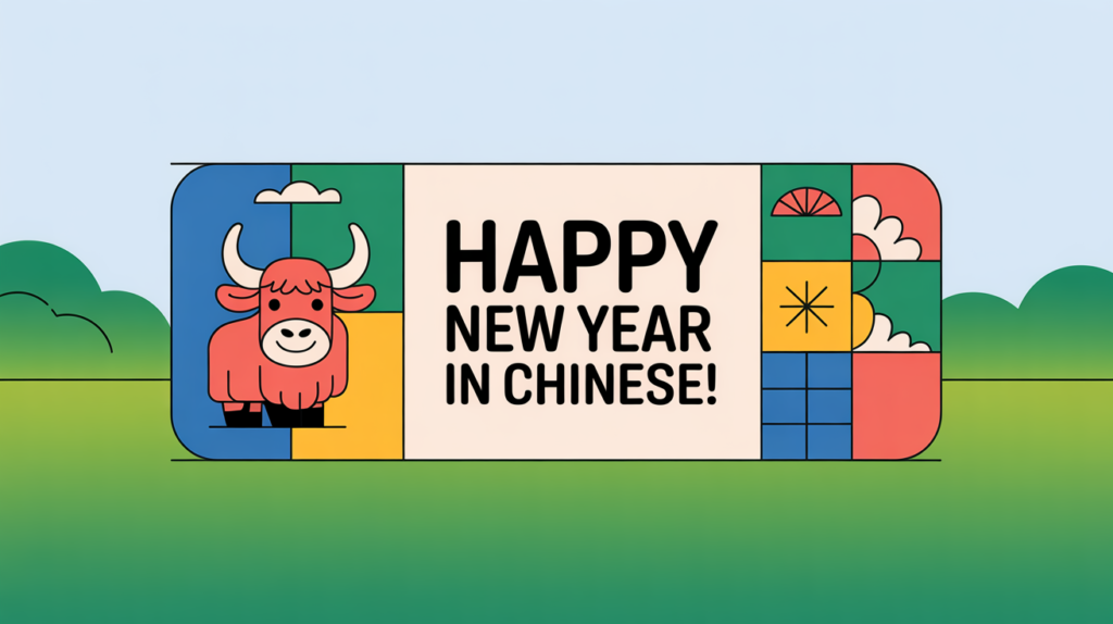 yak illustration holding a “Happy New Year in Chinese 新年快樂 Xīnnián kuàilè” sign surrounded by festive symbols