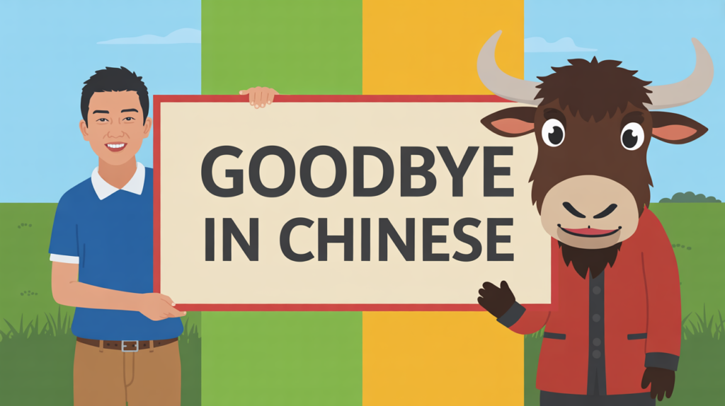 yak illustration holding a “Goodbye in Chinese 再見 Zàijiàn” sign with waving icons.