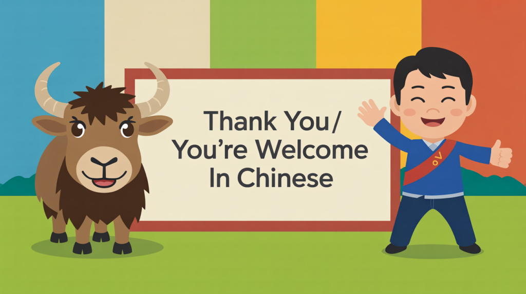 illustration of a yak showing “Thank You in Chinese 謝謝 / You’re Welcome 不客氣,” with gratitude icons