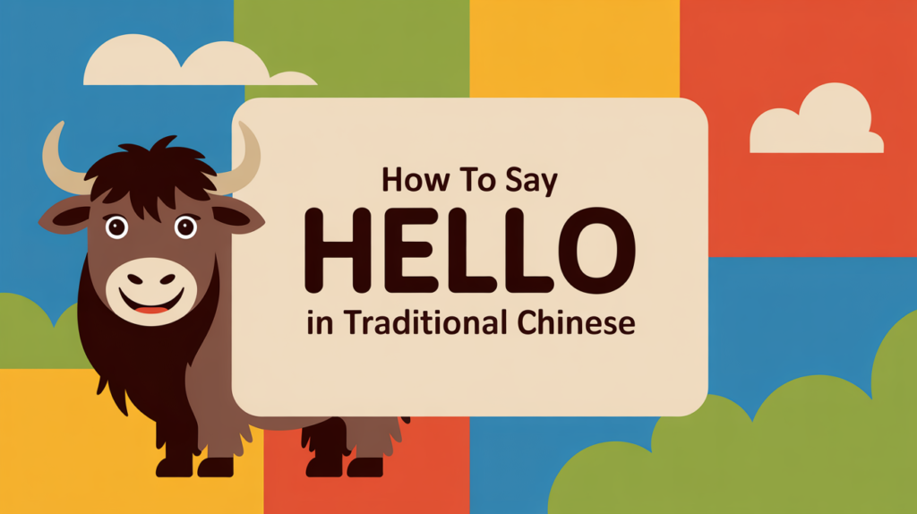 illustration of a yak with a title card showing “How to Say Hello in Chinese 你好 Nǐ hǎo,” with speech bubbles and greeting icons.