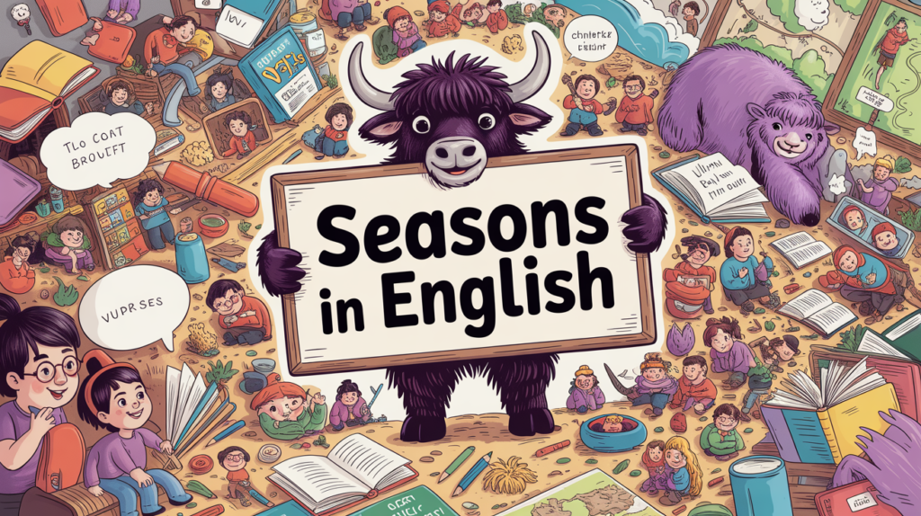 illustrated scene with the Yak Yacker mascot holding a “Seasons in English” sign, with tiny characters showing spring, summer, autumn, and winter scenes.