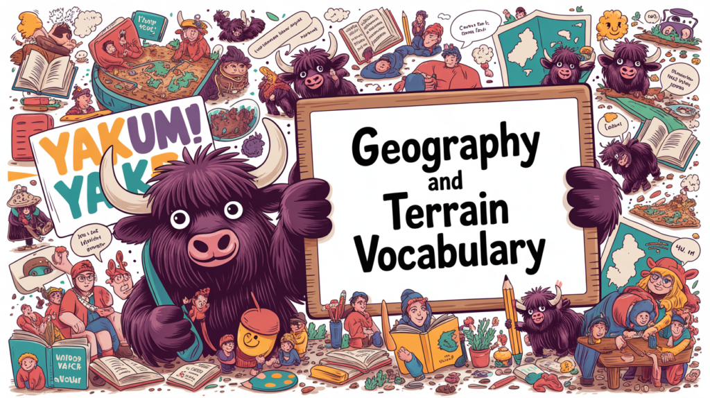 illustrated scene with the Yak Yacker mascot holding a “Geography and Landforms Vocabulary” sign, surrounded by mountains, rivers, islands, and tiny explorer characters.