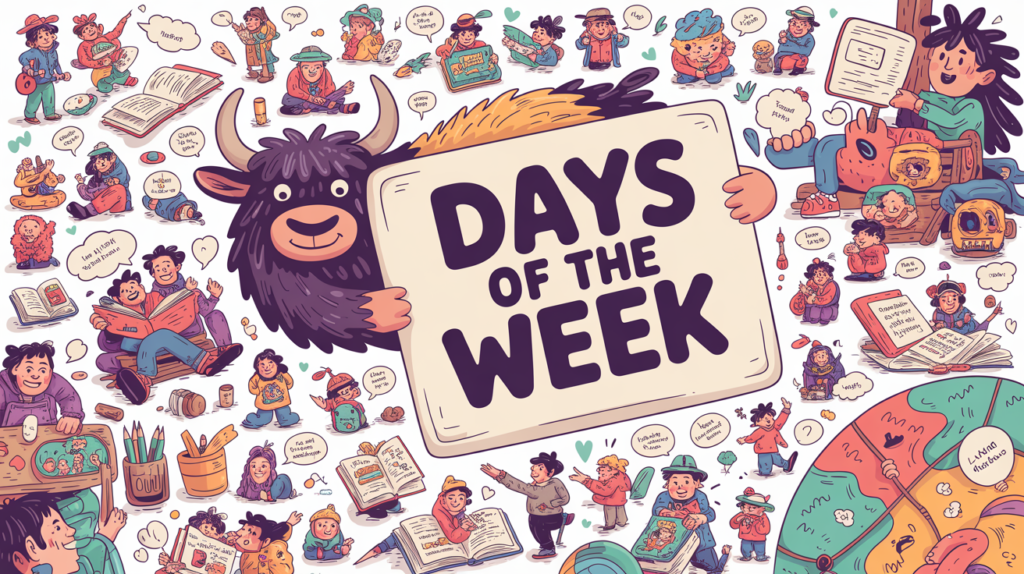 illustrated scene with the Yak Yacker mascot holding a “Days of the Week in English” sign, surrounded by weekday labels and tiny characters pointing at calendars.