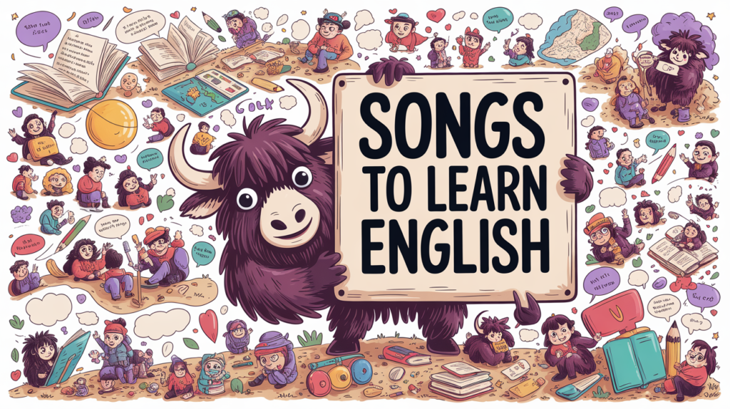 musical illustrated scene with the Yak Yacker mascot holding a “Famous English Songs for Learning” sign, surrounded by guitars, notes, and singing characters.