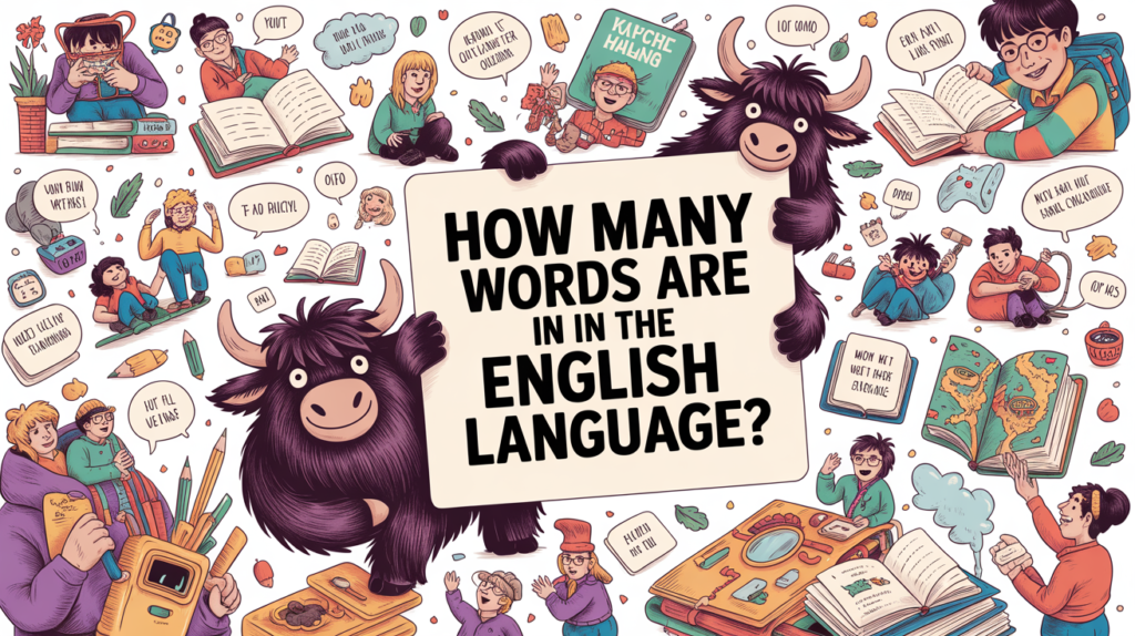illustrated scene with the Yak Yacker mascot holding a “How Many Words Are in English?” sign, with floating dictionaries and word clouds.