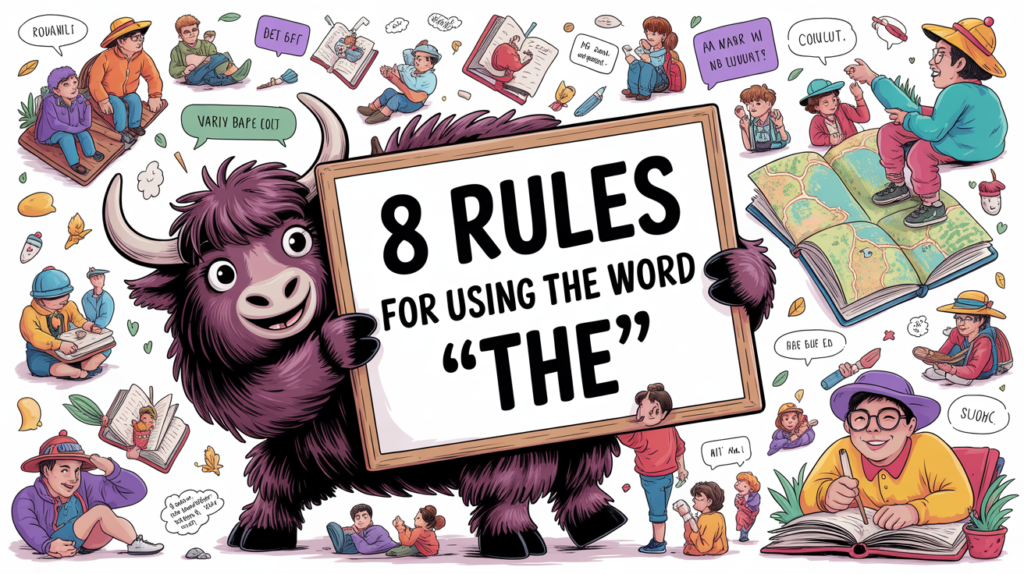 illustrated grammar scene with the Yak Yacker mascot holding an “8 Rules for Using The” sign, surrounded by examples and small word cards.