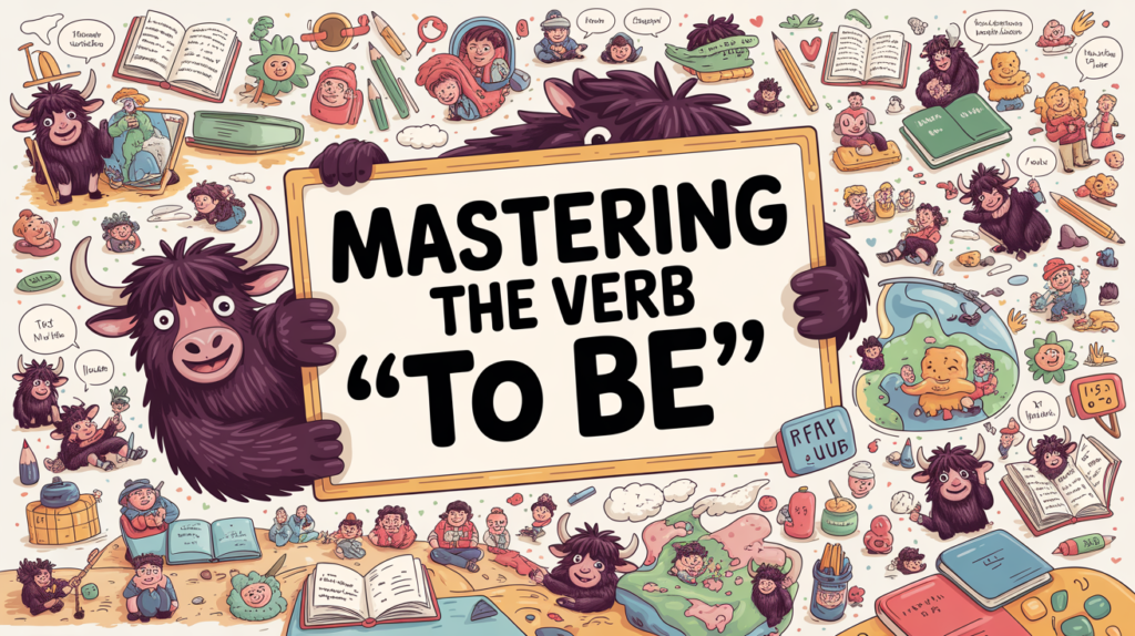 illustrated scene with the Yak Yacker mascot holding a “Verb To Be” sign, with characters showing am, is, and are examples