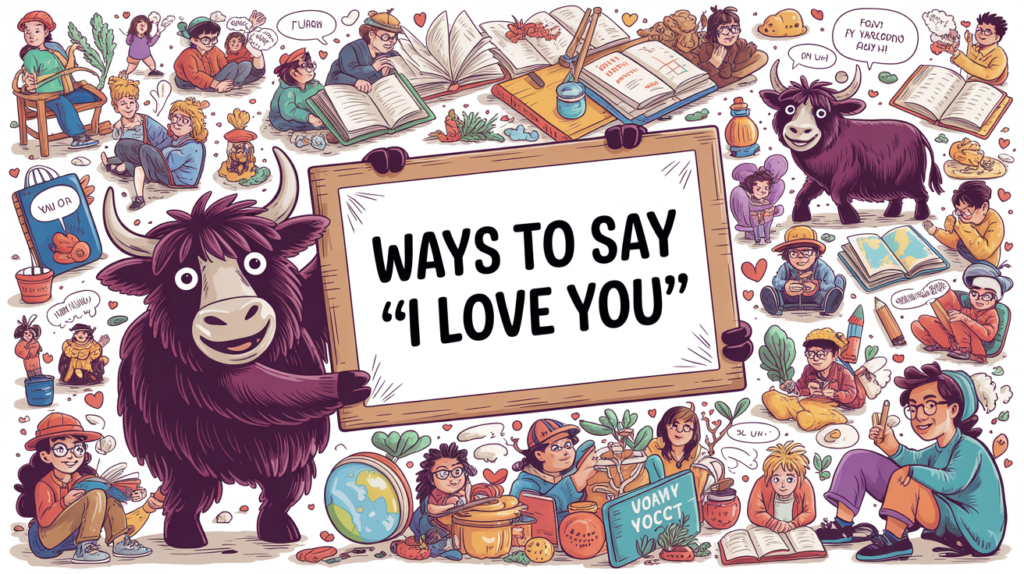 warm illustrated scene with the Yak Yacker mascot holding an “I Love You in English” sign, with hearts and affectionate characters