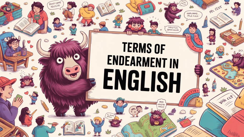 cozy illustrated scene with the Yak Yacker mascot holding a “Terms of Endearment in English” sign, with cute characters and hearts.