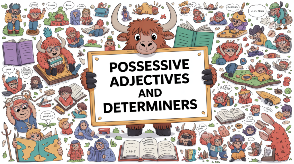 illustrated scene with the Yak Yacker mascot holding a “Possessive Adjectives” sign, surrounded by my, your, his, her examples
