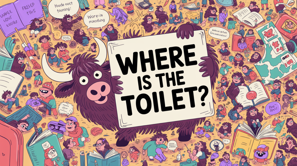 funny illustrated scene with the Yak Yacker mascot holding a “Where Is the Toilet in English?” sign, with tiny characters pointing to restroom signs.