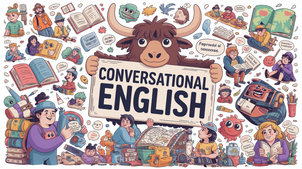 colorful scene with the Yak Yacker mascot holding a “Conversational English Essentials” sign, surrounded by speech bubbles and characters chatting.