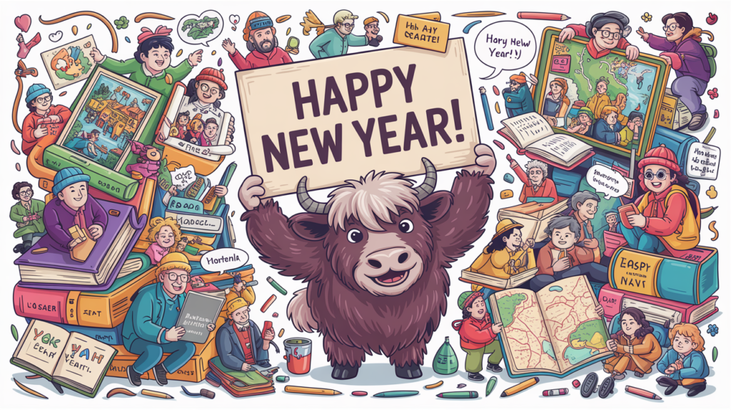 colorful illustrated scene with the Yak Yacker mascot holding a “Happy New Year in English” sign, fireworks and confetti around.
