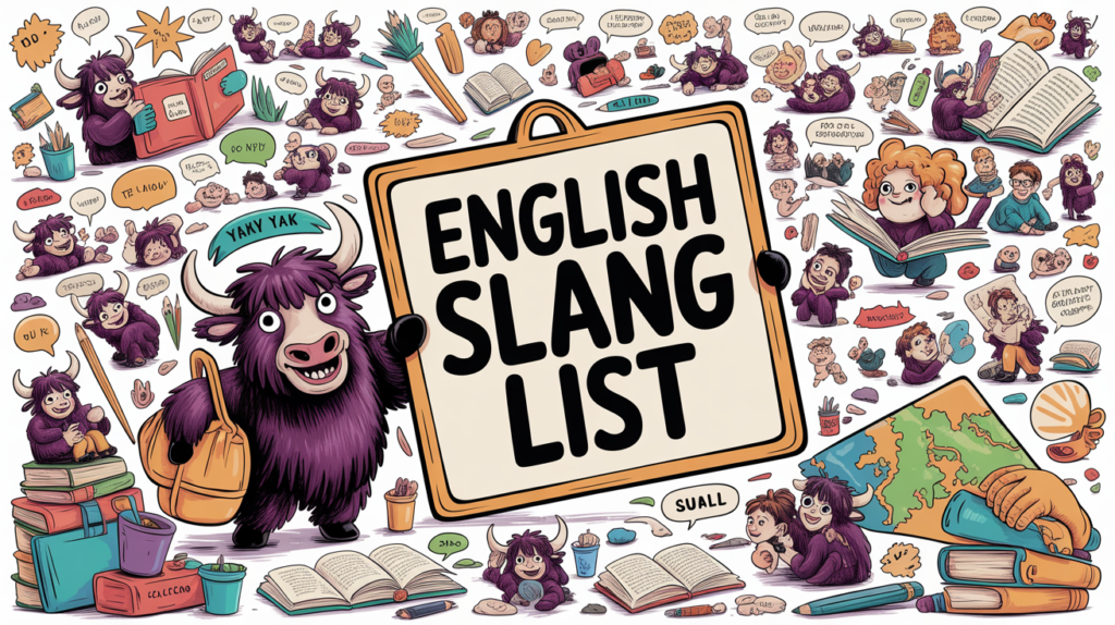 lively illustrated scene with the Yak Yacker mascot holding an “English Slang” sign, surrounded by characters using playful speech bubbles