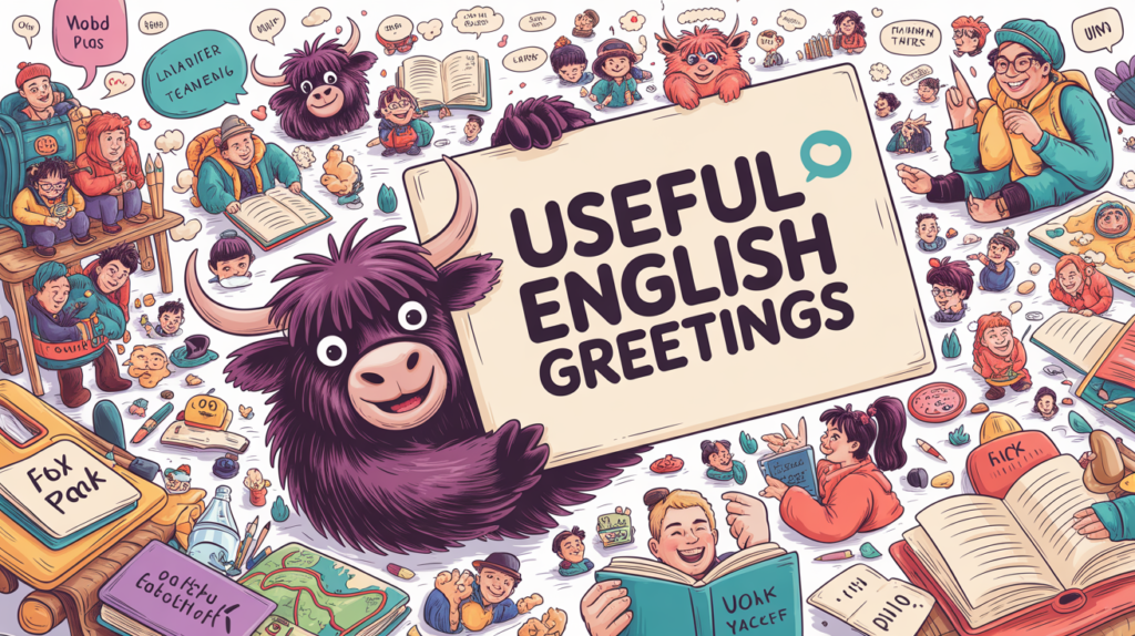 colorful scene with the Yak Yacker mascot holding a “Useful English Greetings” sign, with waving characters and greeting bubbles.