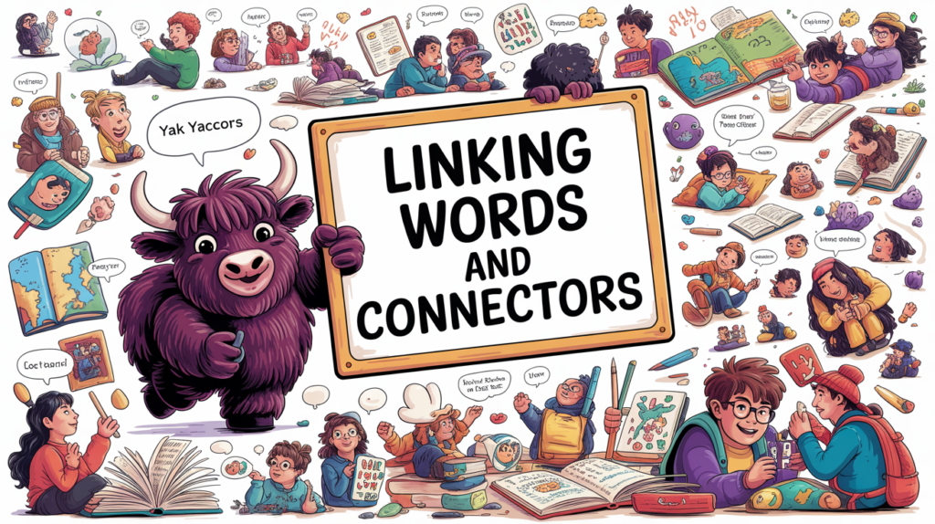 illustrated scene with the Yak Yacker mascot holding a “Linking Words and Connectors” sign, surrounded by arrows and bridge-like connectors.