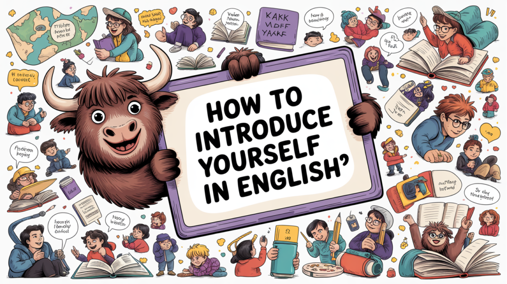illustrated scene with the Yak Yacker mascot holding a “How to Introduce Yourself in English” sign, surrounded by friendly waving characters and speech bubbles