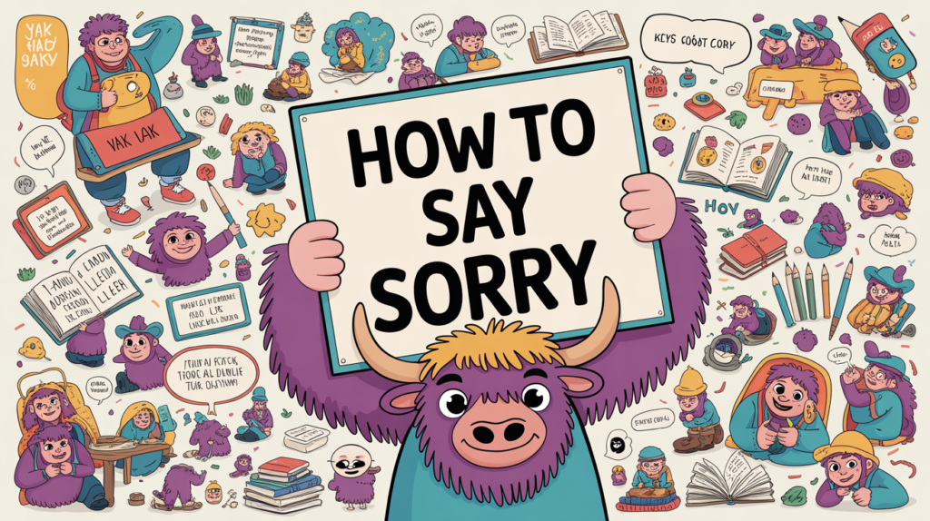 illustrated scene with the Yak Yacker mascot holding a “How to Say Sorry in English” sign, surrounded by characters apologizing politely