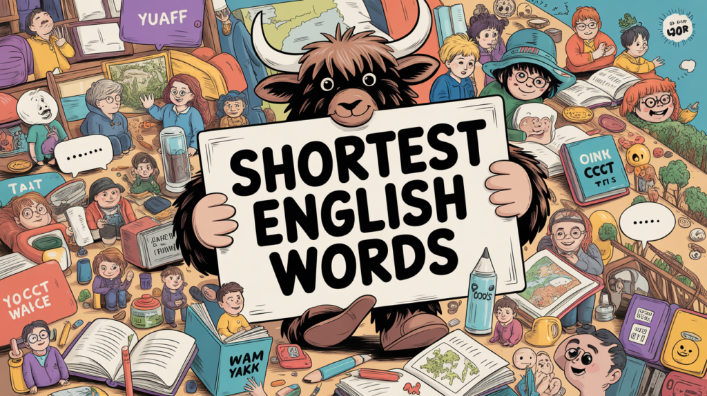 simple playful scene with the Yak Yacker mascot holding a “Shortest English Words” sign, surrounded by tiny letters and minimal-style doodles.