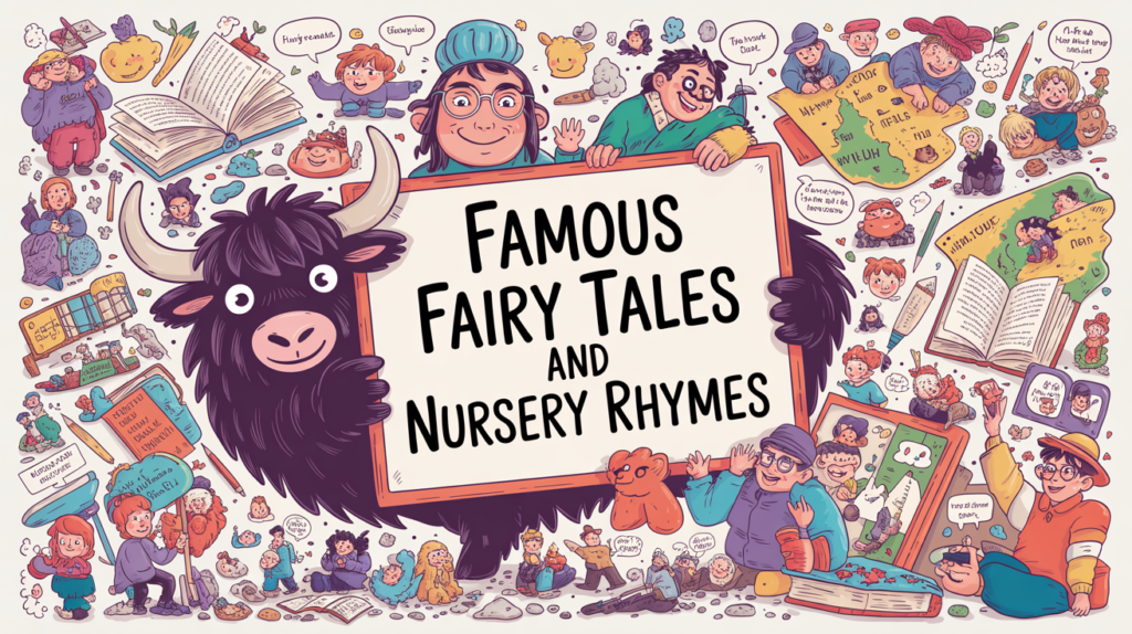 illustrated magical scene with the Yak Yacker mascot holding a “Fairy Tales List” sign, surrounded by tiny fairy-tale characters and storybooks