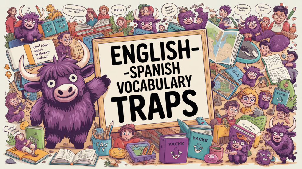 illustrated scene with the Yak Yacker mascot holding a “False Friends English Spanish” sign, with paired example words around him