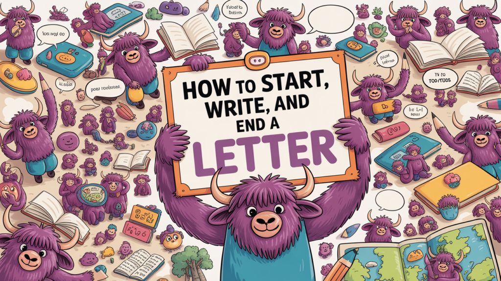 illustrated scene with the Yak Yacker mascot holding a “How to Write a Letter” sign, surrounded by envelopes, stamps, and writing tools