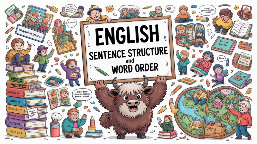 illustrated grammar scene with the Yak Yacker mascot holding an “English Sentence Structure” sign, surrounded by SVO word blocks