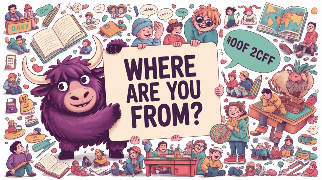 illustrated scene with the Yak Yacker mascot holding a “Where Are You From in English” sign, with tiny travelers, maps, and globes.