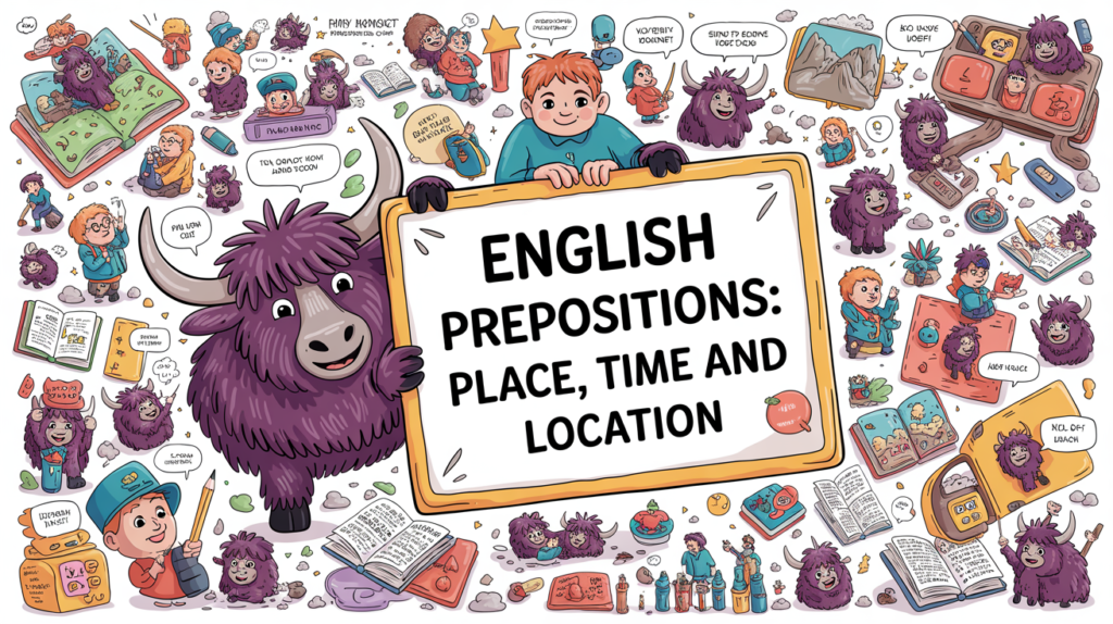 illustrated scene with the Yak Yacker mascot holding an “English Prepositions” sign, surrounded by tiny characters demonstrating place and time examples