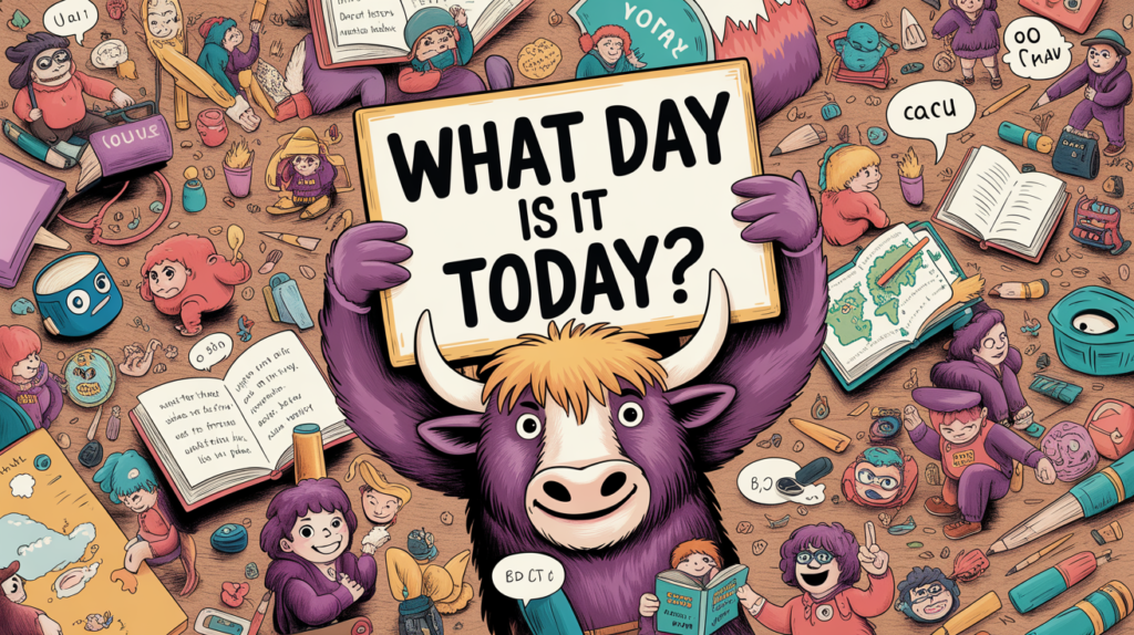 illustrated scene with the Yak Yacker mascot holding a “What Day Is It Today?” sign, surrounded by calendars and weekday labels.